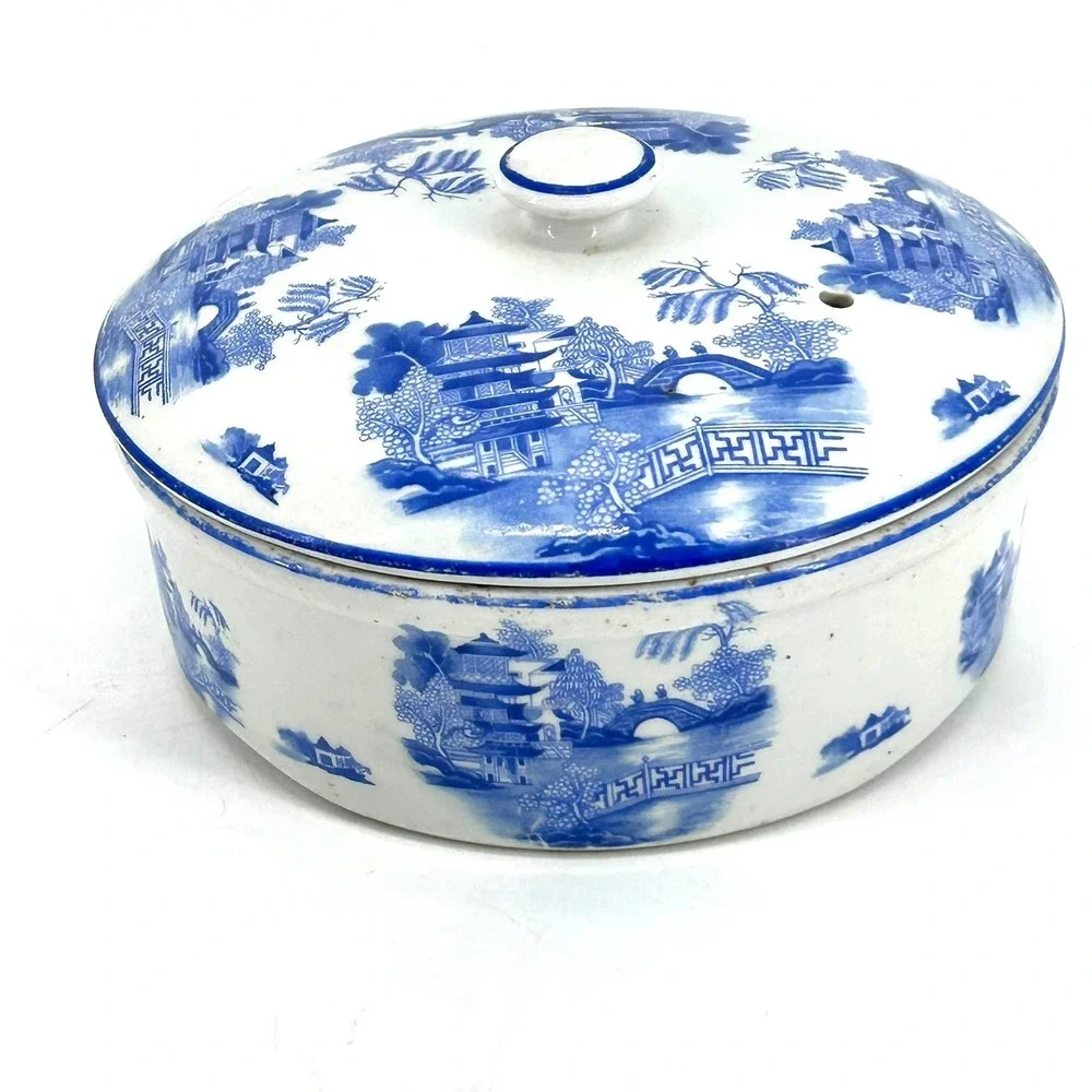 VTG Hall Blue Willow Transferware Covered Dish Round Pagoda Chinoiserie Blue